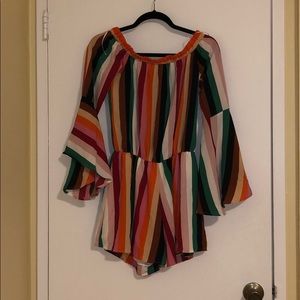 Mystique rainbow colored off the shoulder romper